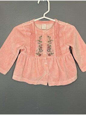 Baby Girls Jacket 6-9 Months Pink Velvet Velour Embroidered Floral Snap Cardigan